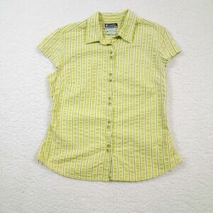 Columbia Button Up Shirt Womens XL Green Striped Seersucker Short Sleeve Cinch